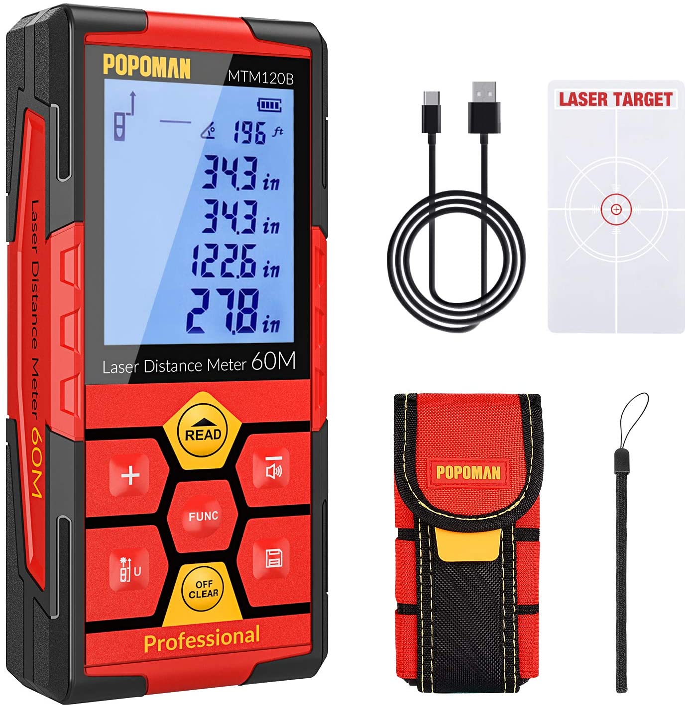 POPOMAN Laser Measure Rechargeable, 196Ft M/In/Ft Classic Mute Laser  Distance Meter with Electronic Angle Sensor,Backlit LCD and Pythagorean