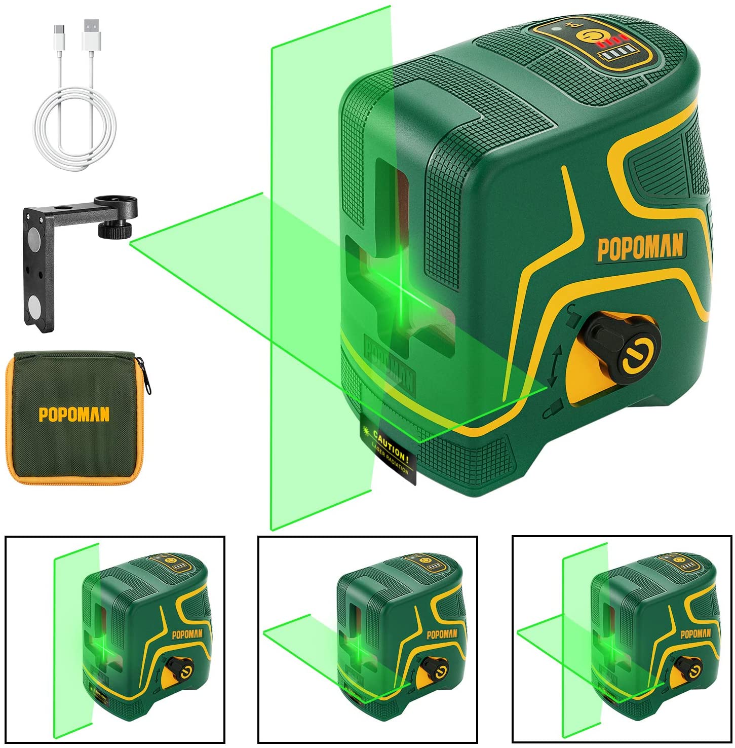 POPOMAN Laser Level Green 2x360°, Line laser rechargeable with Lithium  battery, Self Leveling, Pulsed mode, Magnetic Auxiliary Supporting Bracket,  IP54, Carry bag Include - MTM340B (Color: MTM340B)