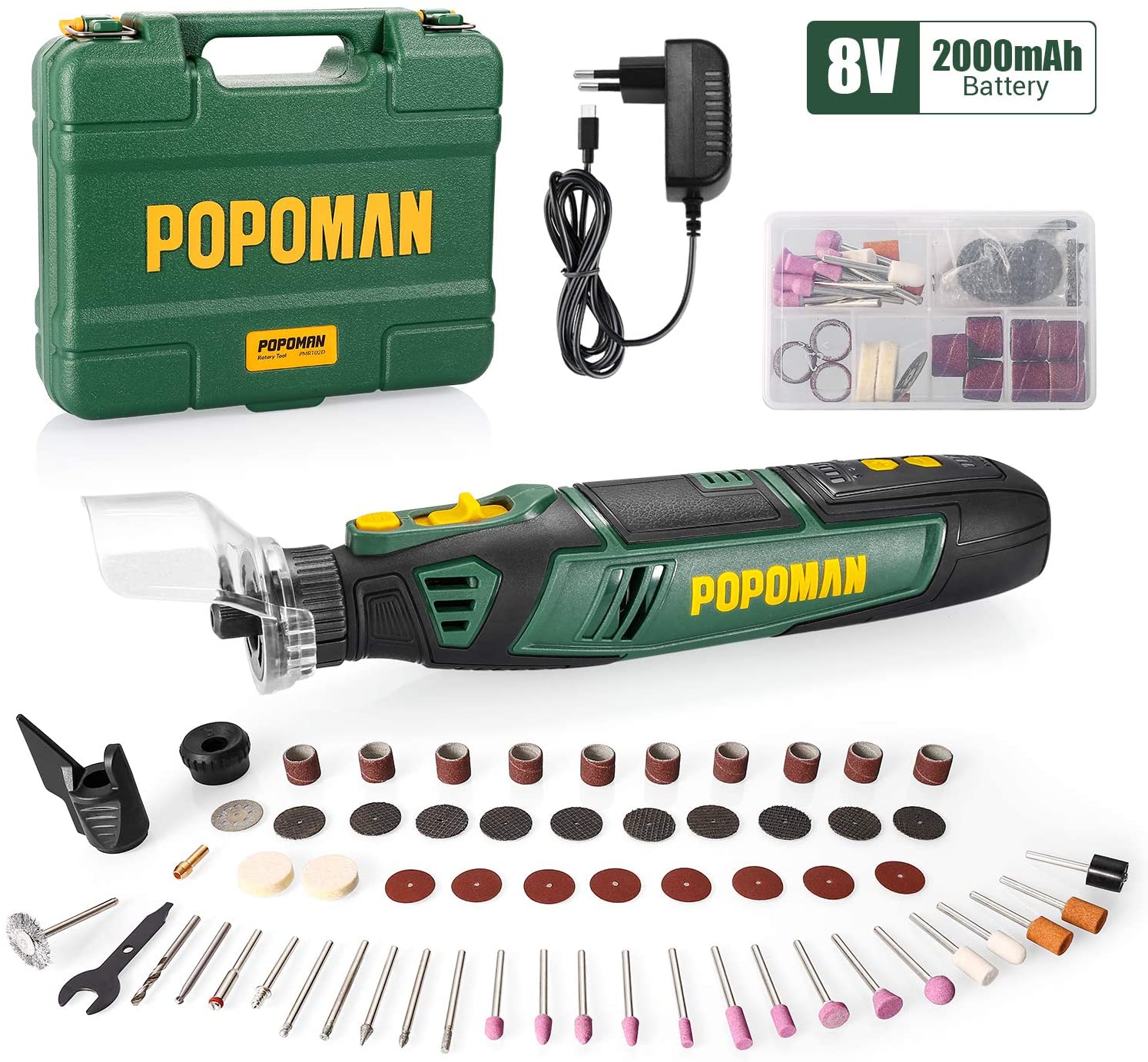 POPOMAN Cordless Rotary Tool Kit, POPOMAN 8V 2.0Ah Li-ion Battery, USB-C  Cable Charger, Variable Speed, 58pcs Accessories for Carving, Engraving